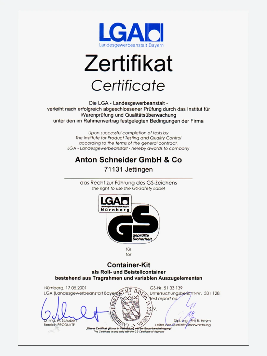 LGA GS certificate for container kit