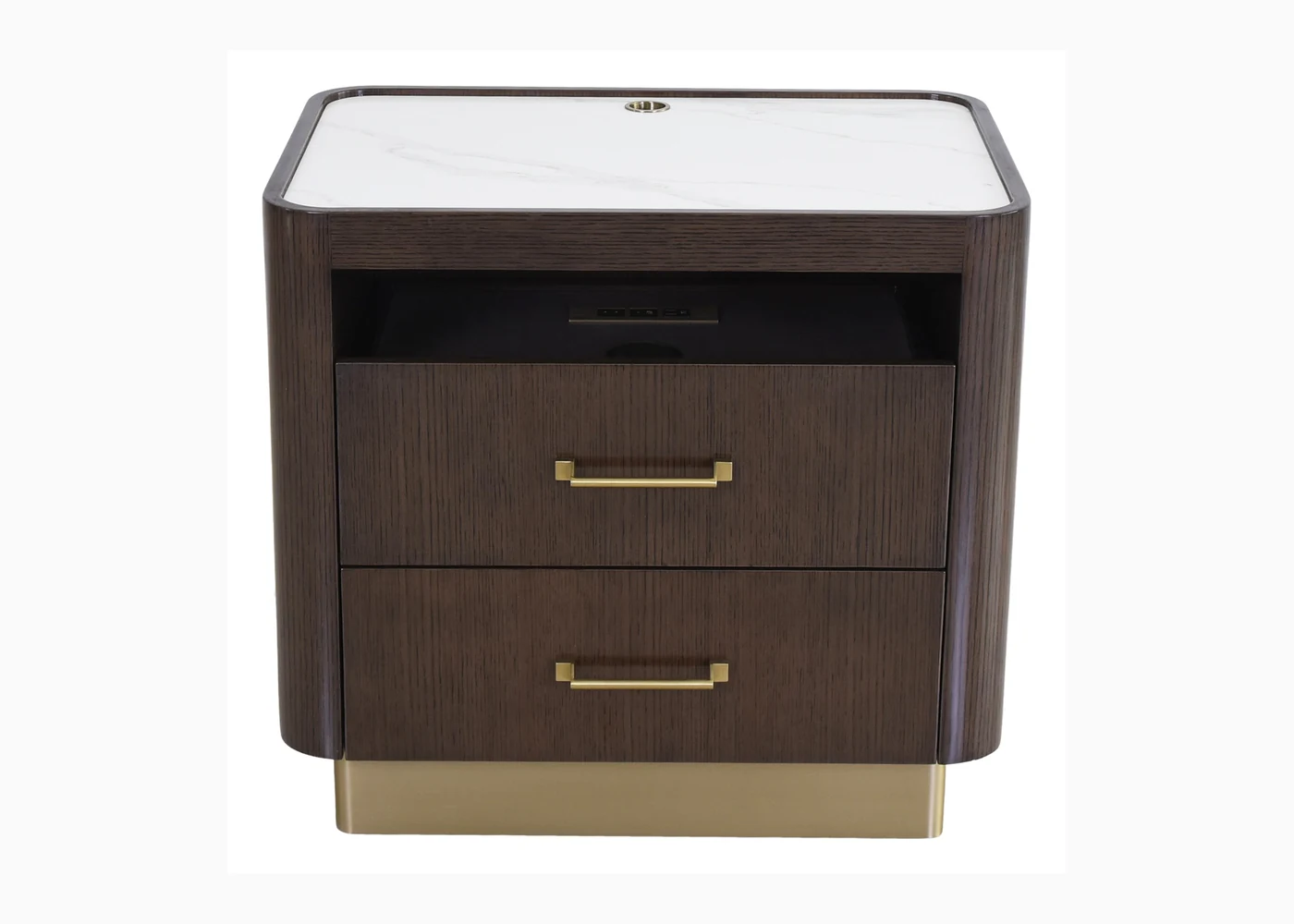 Custom hotel nightstand with integrated power and stone top