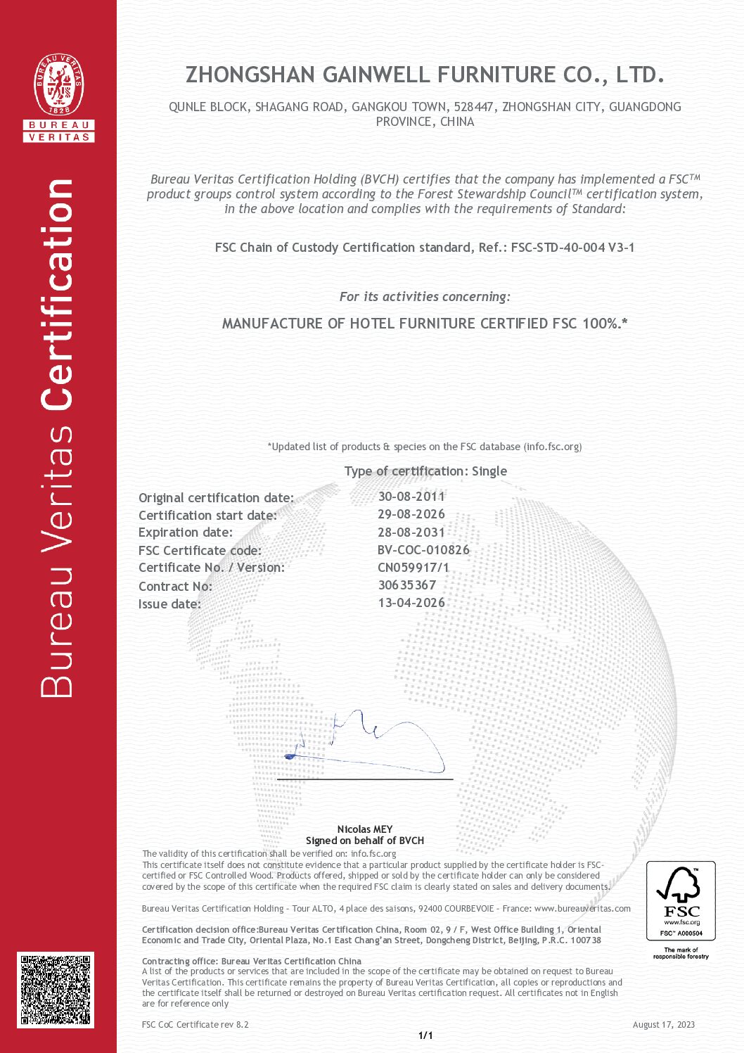 FSCTM C107489 chain of custody certification