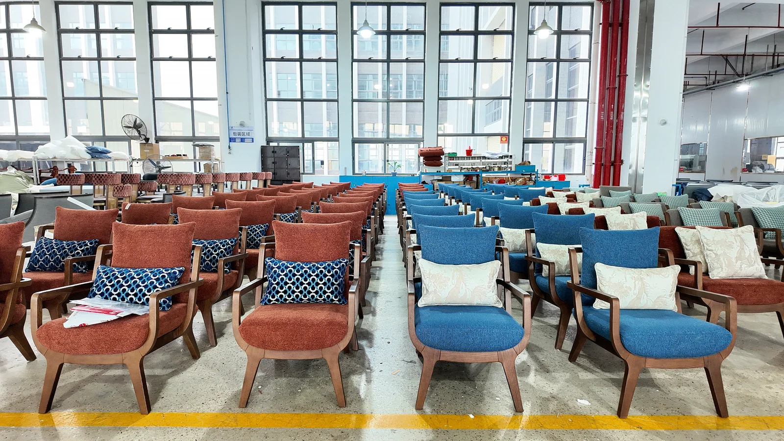 Grouped upholstered lounge chairs in several fabric combinations