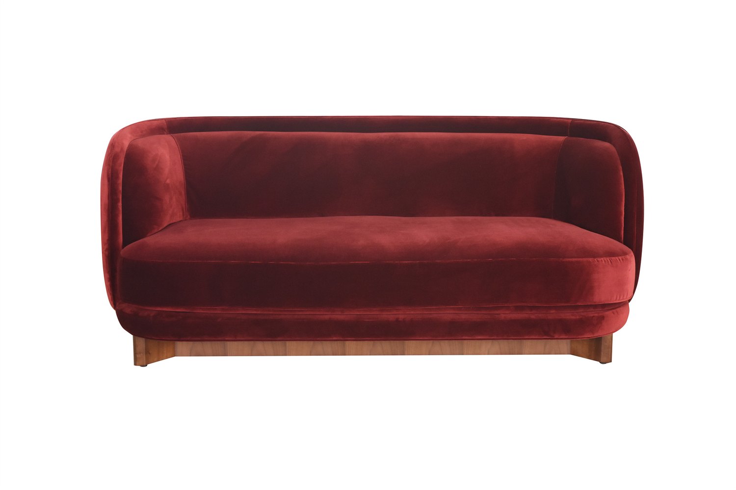 Red upholstered hospitality sofa with a timber-toned plinth on a white background
