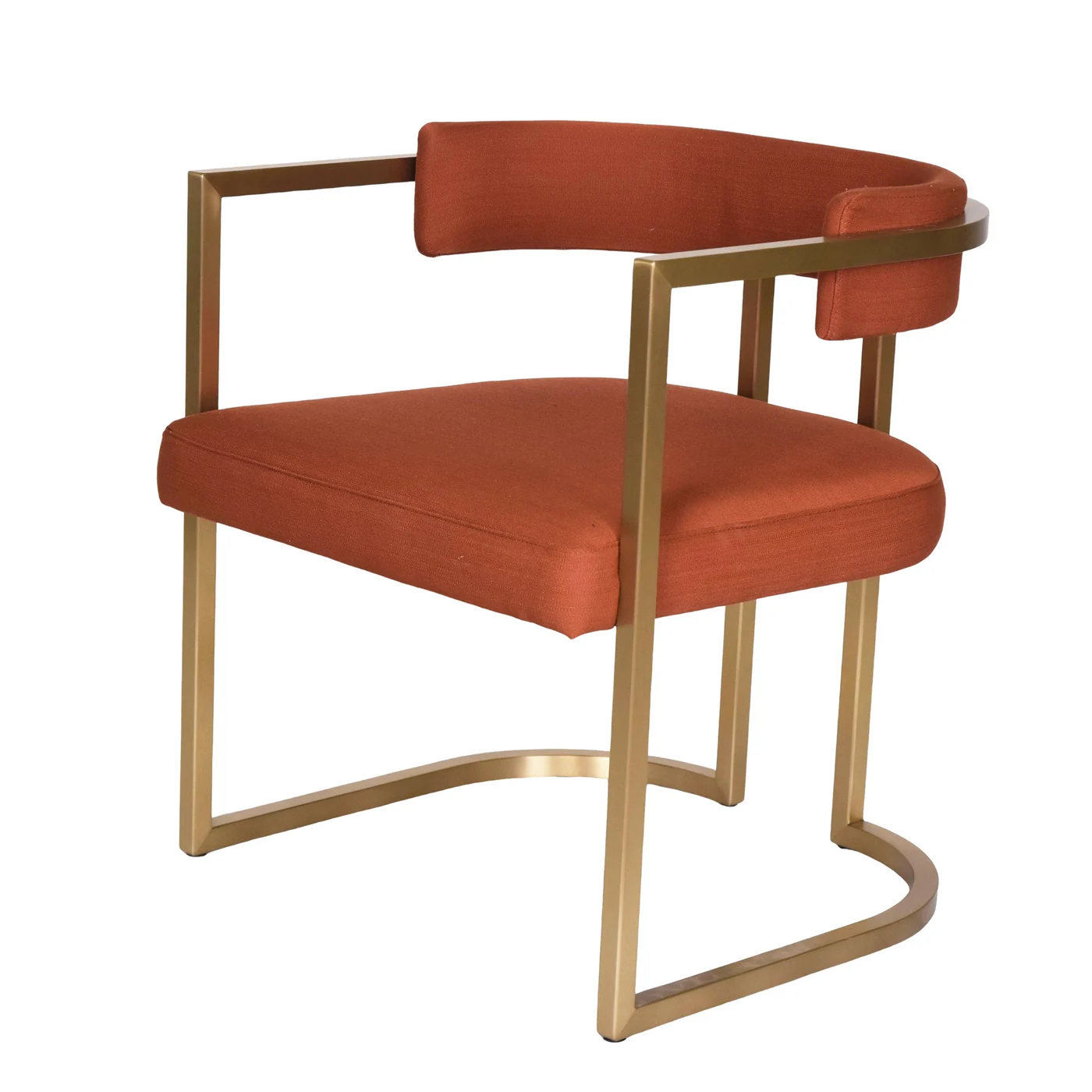 Orange upholstered dining chair with a bronze-colored metal frame