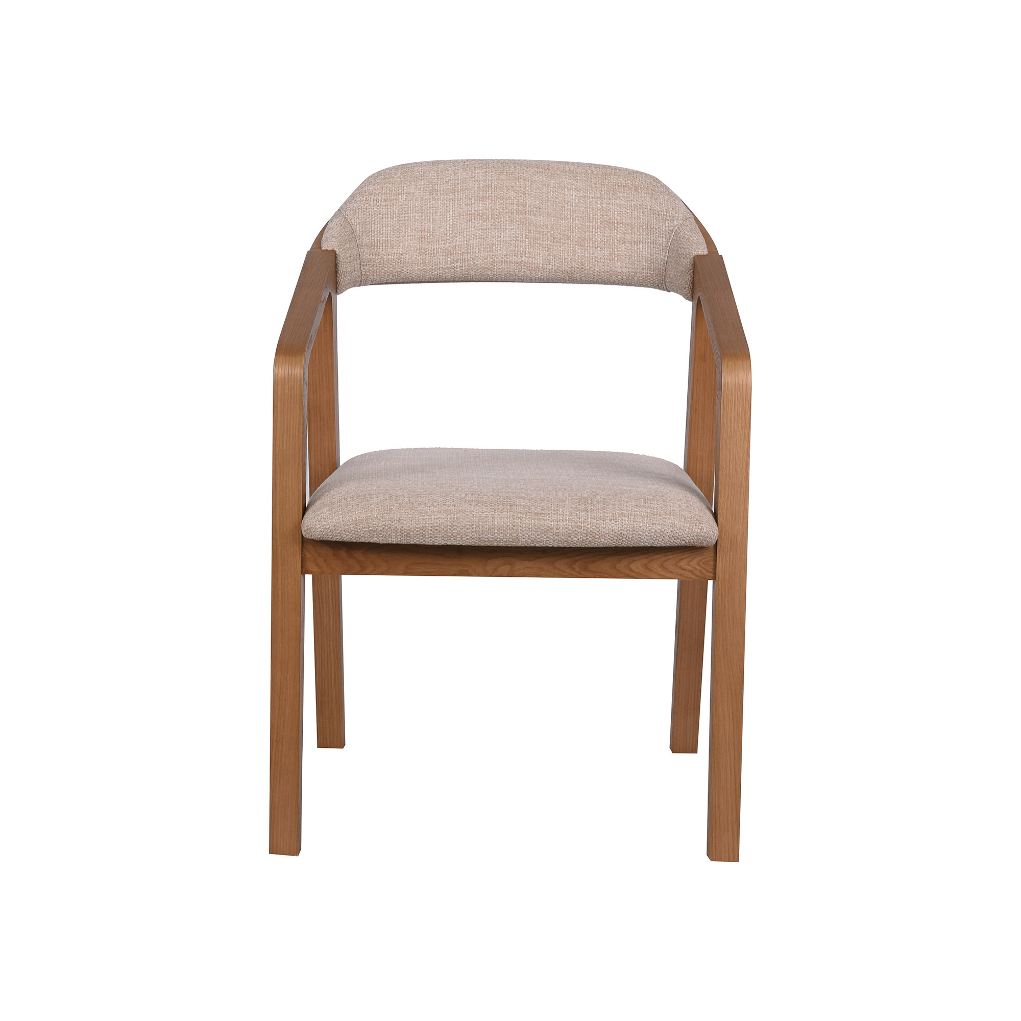 Restaurant armchair with an upholstered curved back and timber-colored frame