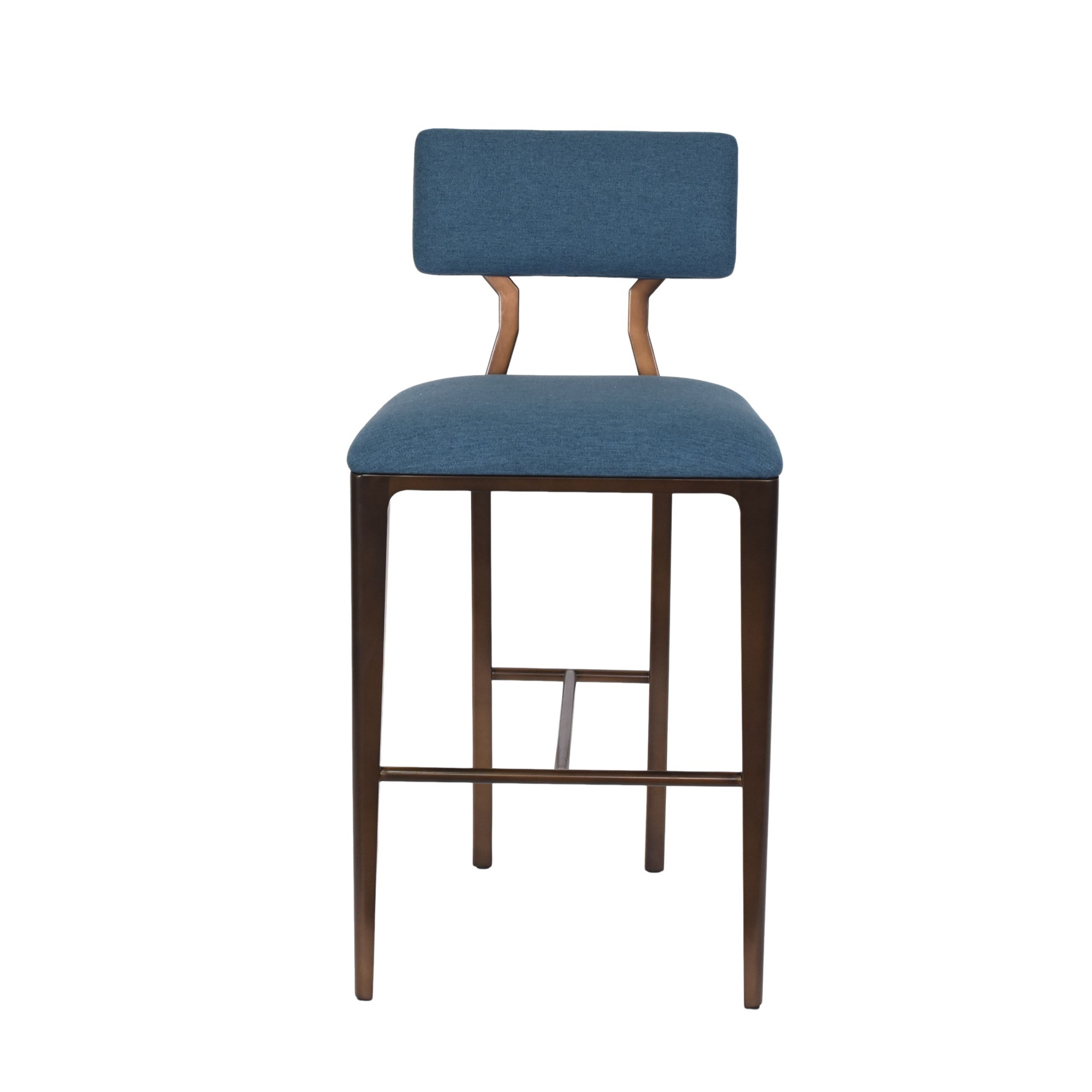 Tall restaurant bar chair with blue upholstery and a front foot-support rail
