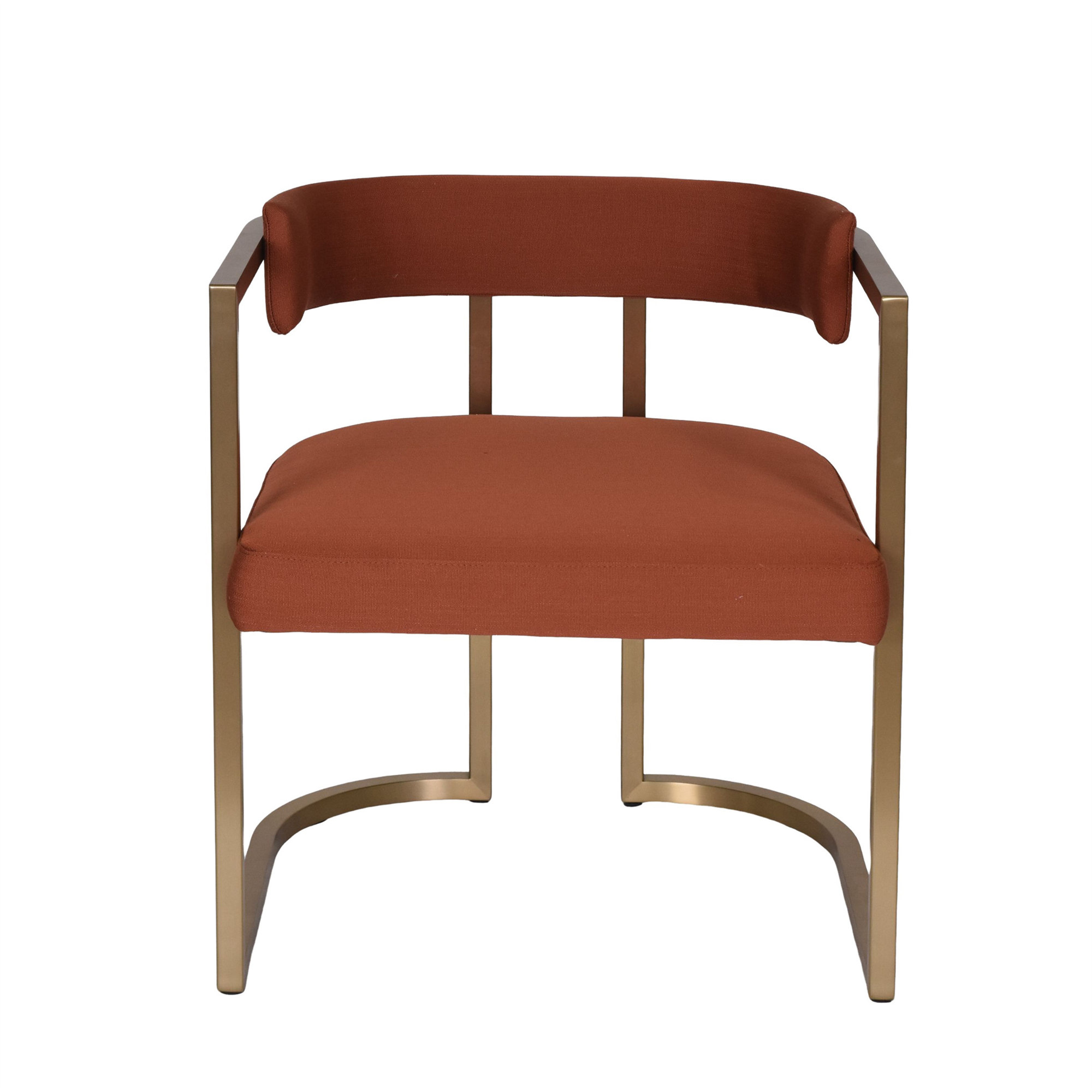 Restaurant armchair with rust-colored upholstery and an open bronze-colored frame