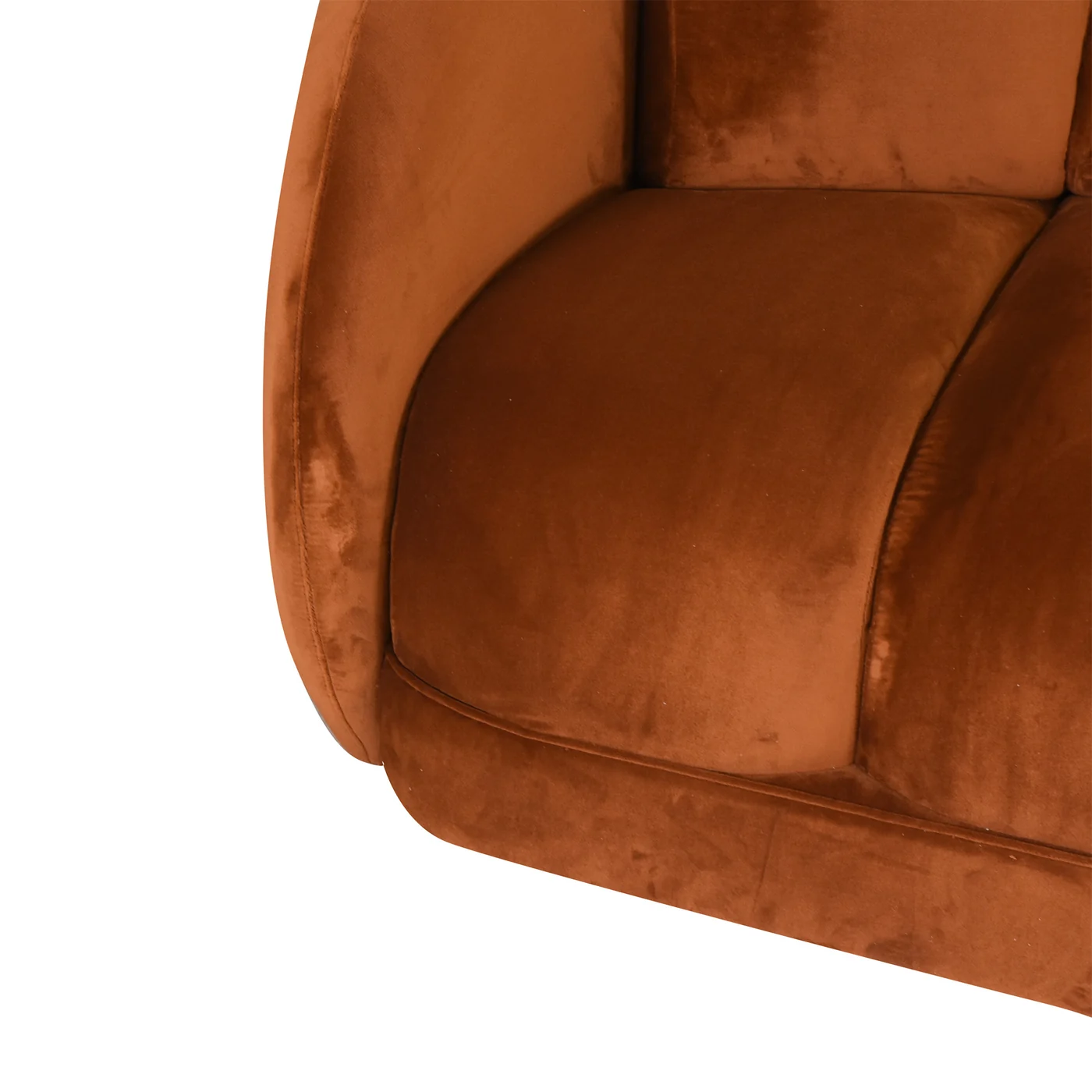 Orange upholstered sofa detail showing seat, back, curved arm and seams