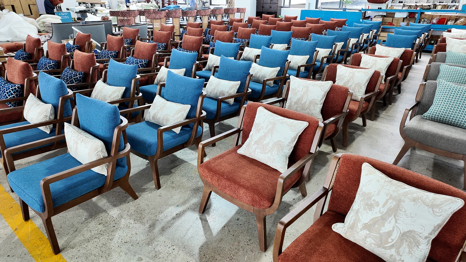 Large batch of finished hotel and restaurant lounge chairs