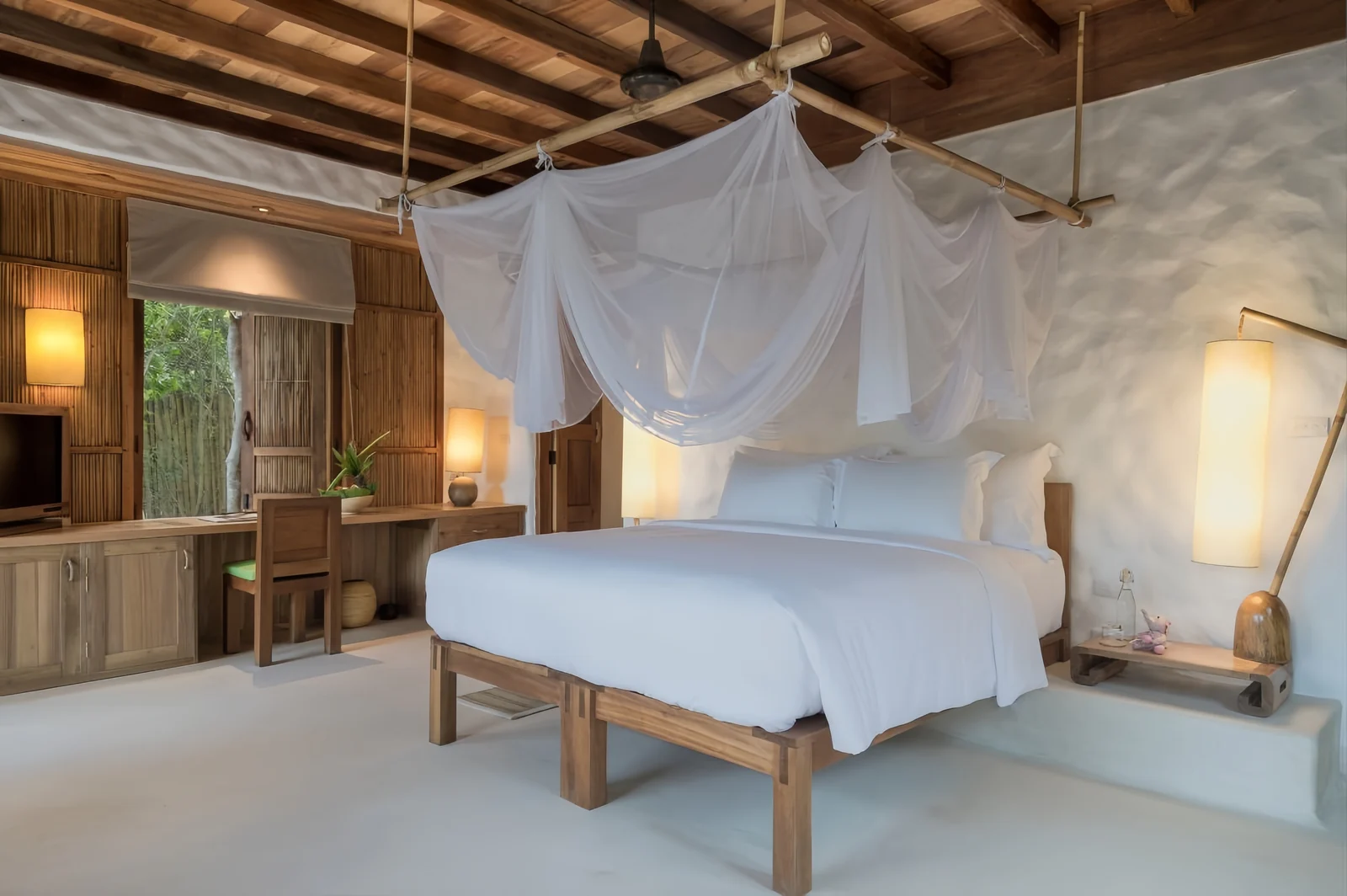 Covered open-air resort room with removable soft furnishings