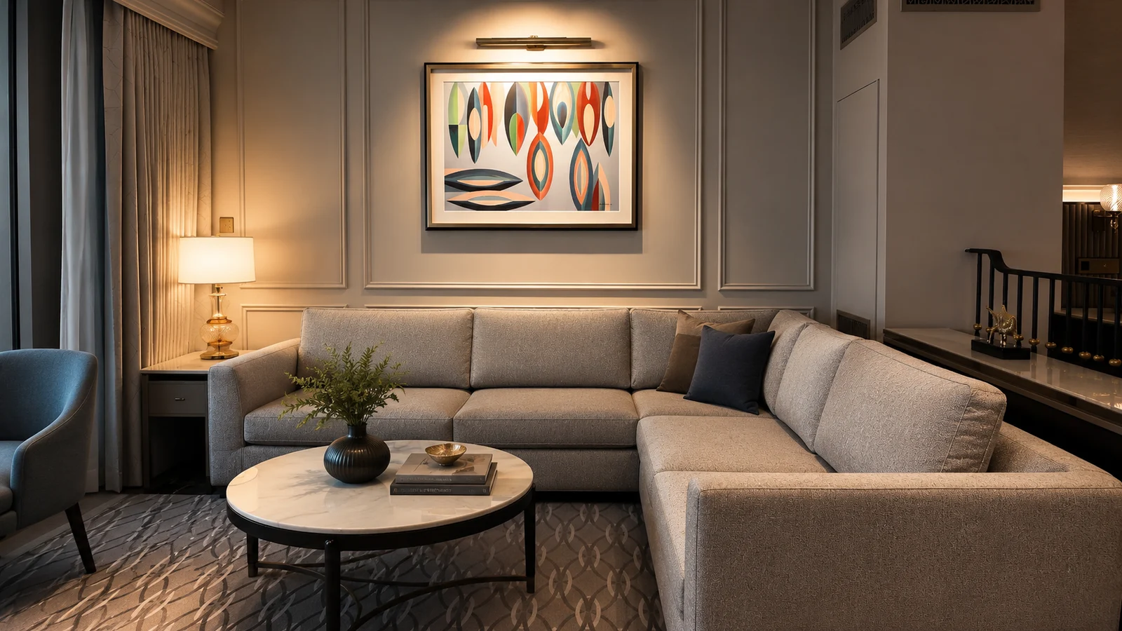 Hospitality sofa with repeated upholstered modules