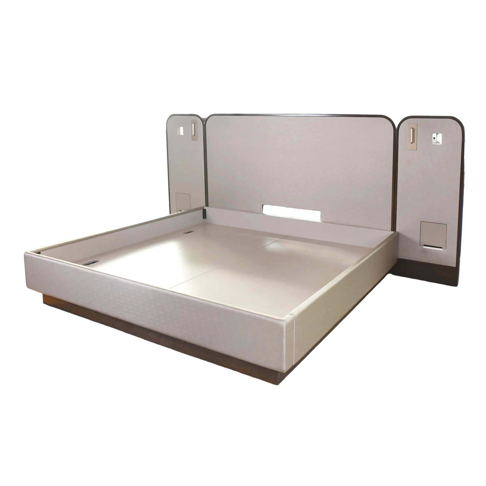 Hotel bed platform and three-panel upholstered headboard prototype