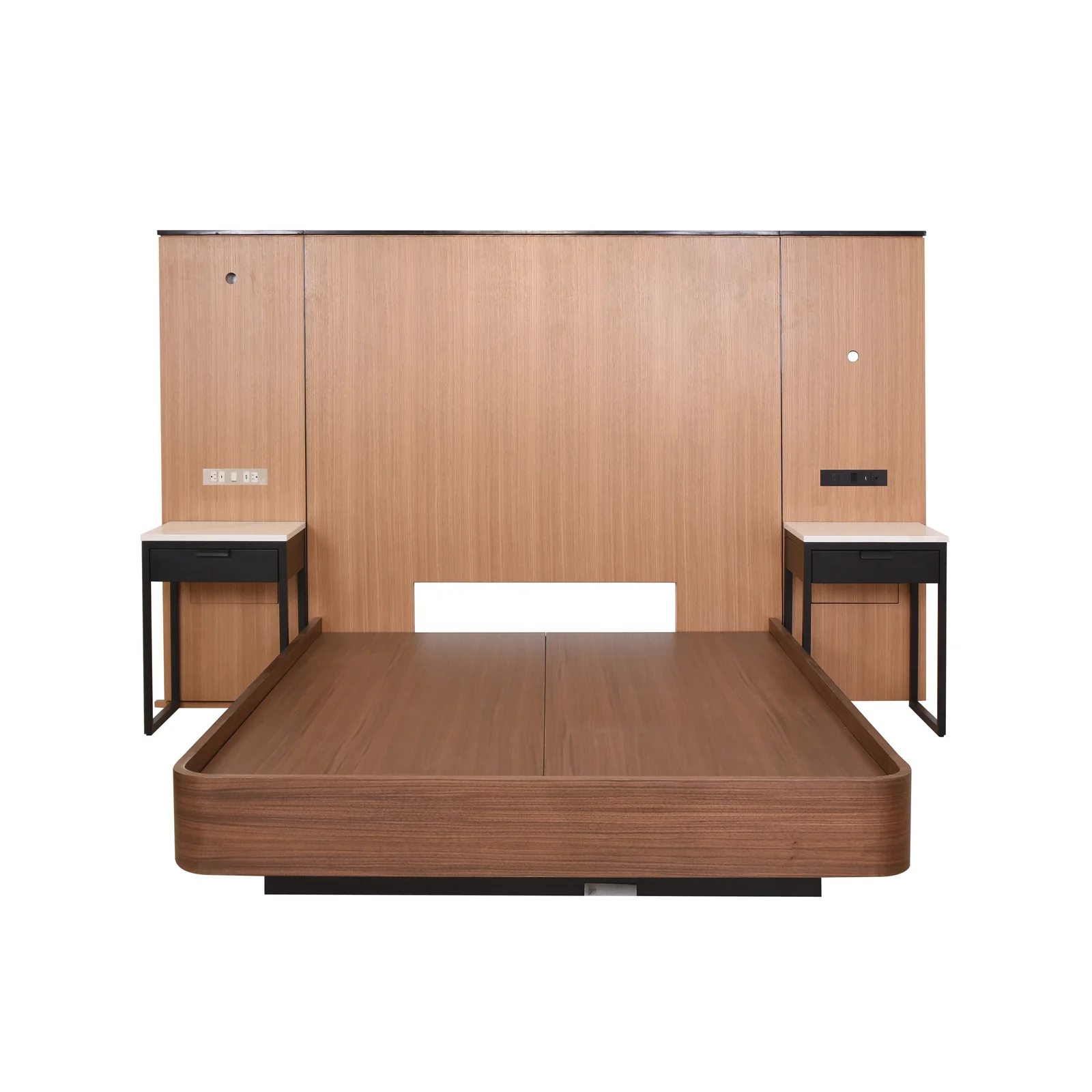 Hotel headboard wall with bed frame and bedside tables
