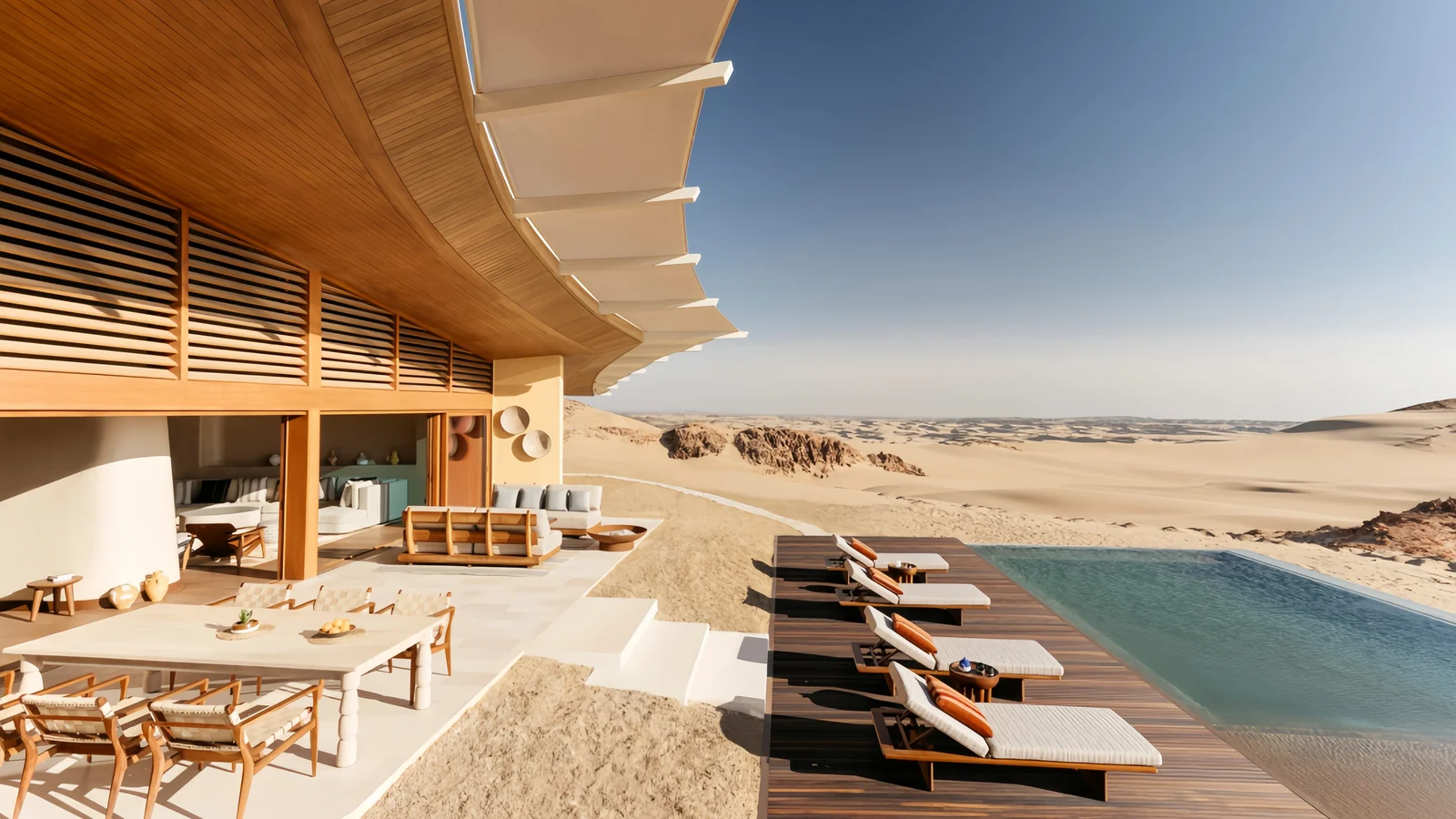 Hotel pool terrace with dining furniture, loungers and shaded seating zones