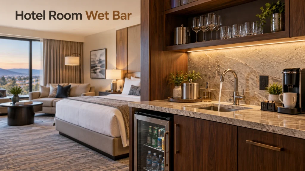 Modern wet bar in hotel room