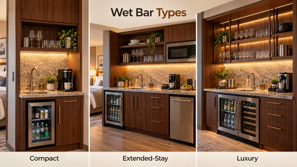 Three hotel wet bar configurations