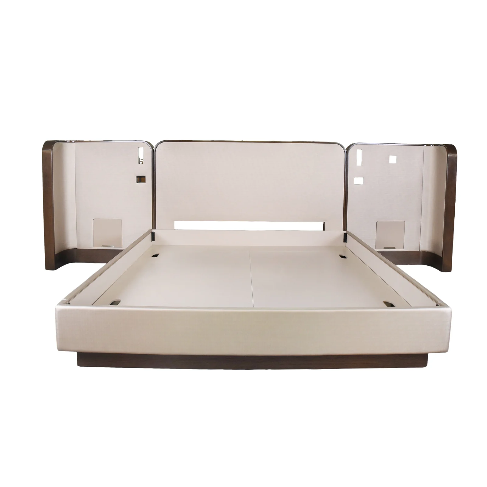 Hotel bed with three rounded headboard panels and integrated service openings