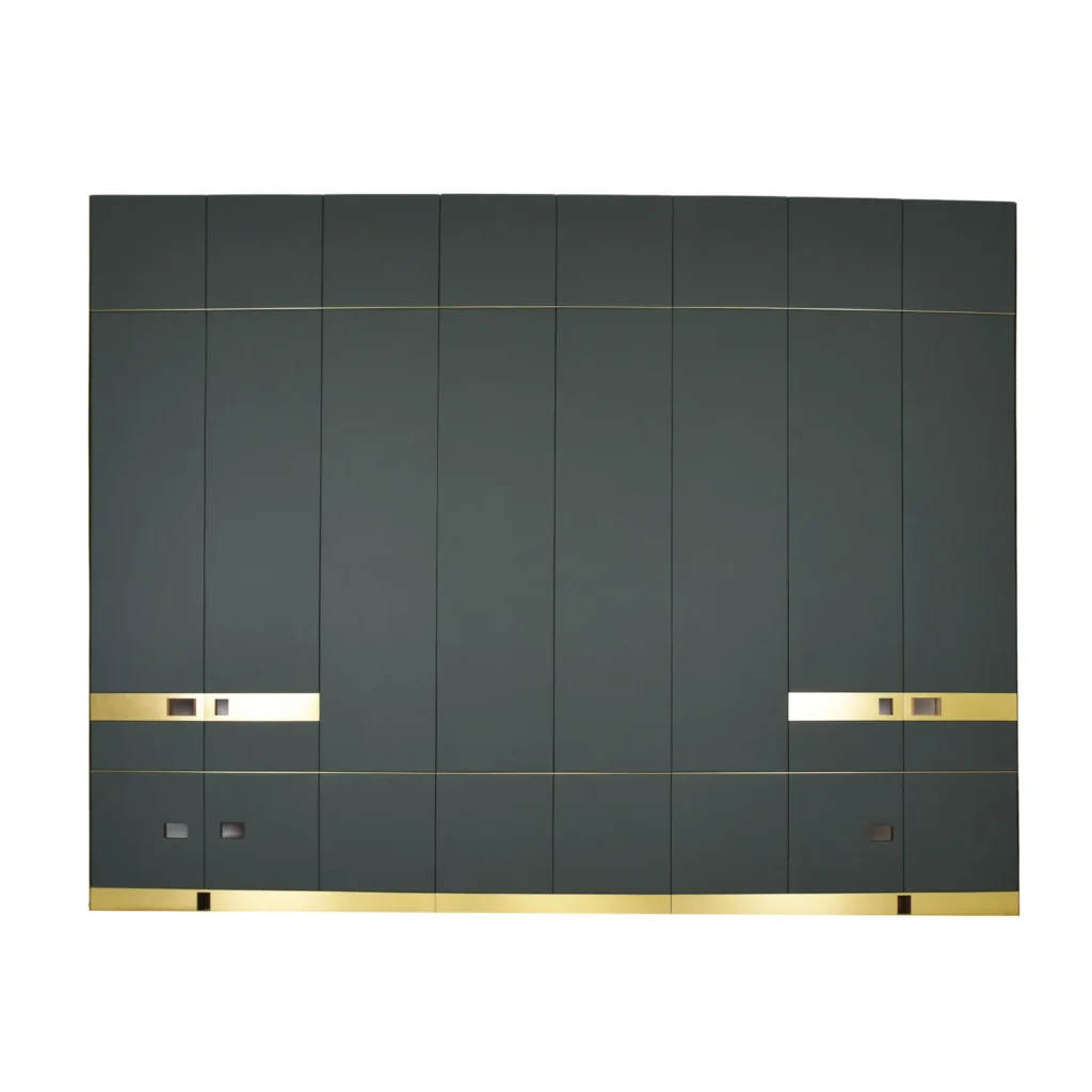 Dark panelled hotel headboard wall with vertical divisions and service cut-outs