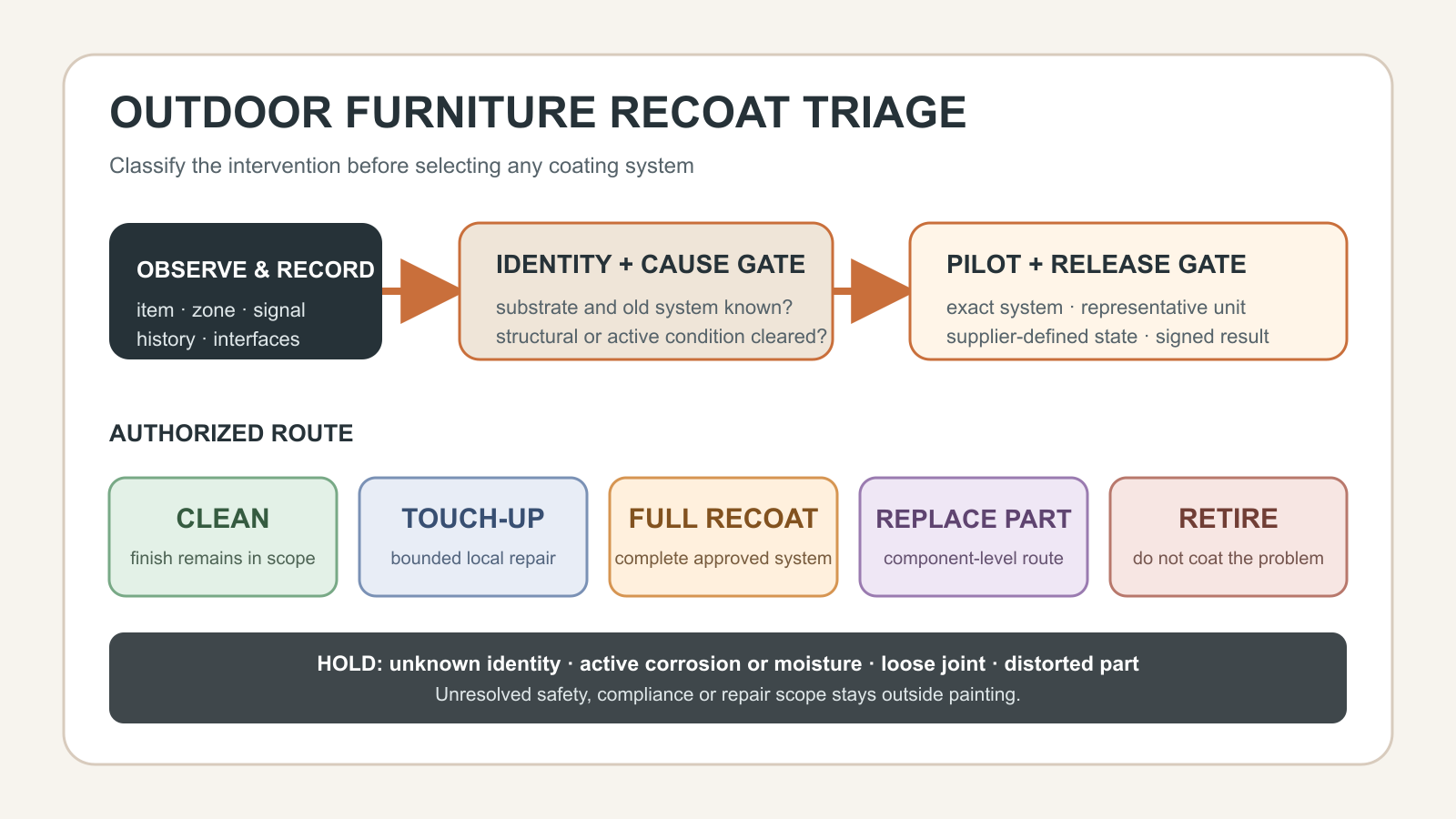 Outdoor furniture recoat triage with five intervention routes and a hold gate