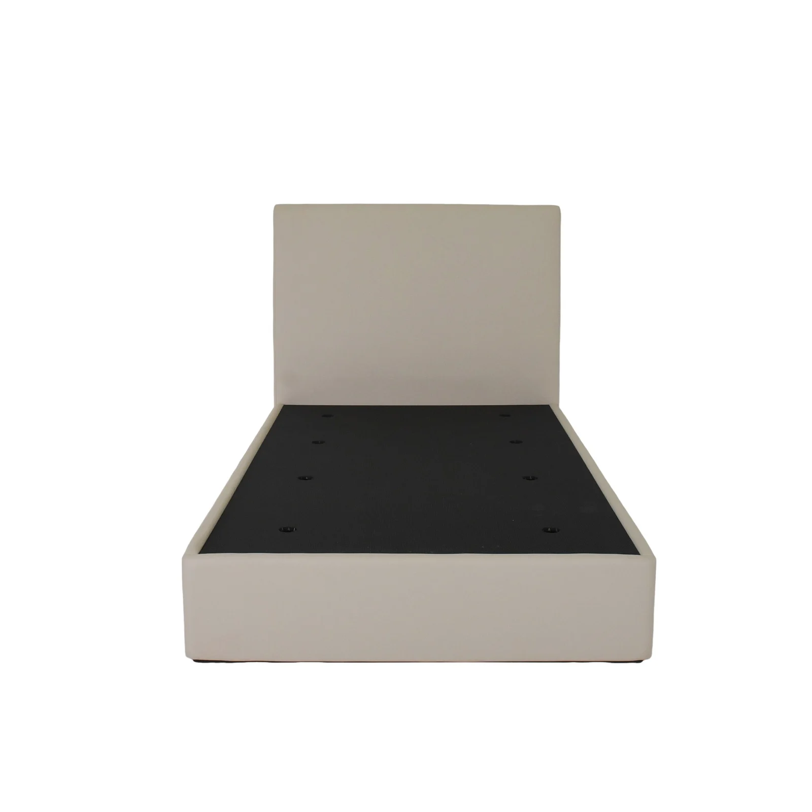 Plain light upholstered headboard behind a separate hotel bed platform