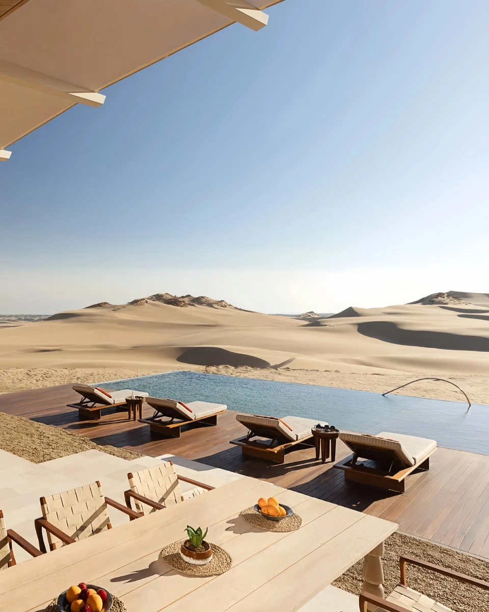 Poolside loungers and dining furniture in an exposed hotel setting