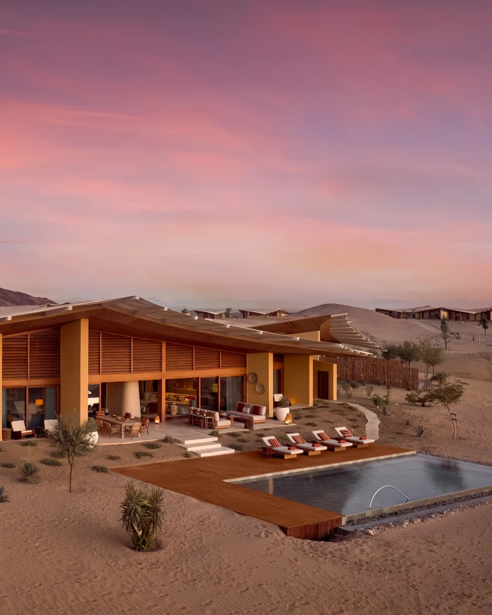 Resort pool and outdoor furniture groups across open and sheltered zones