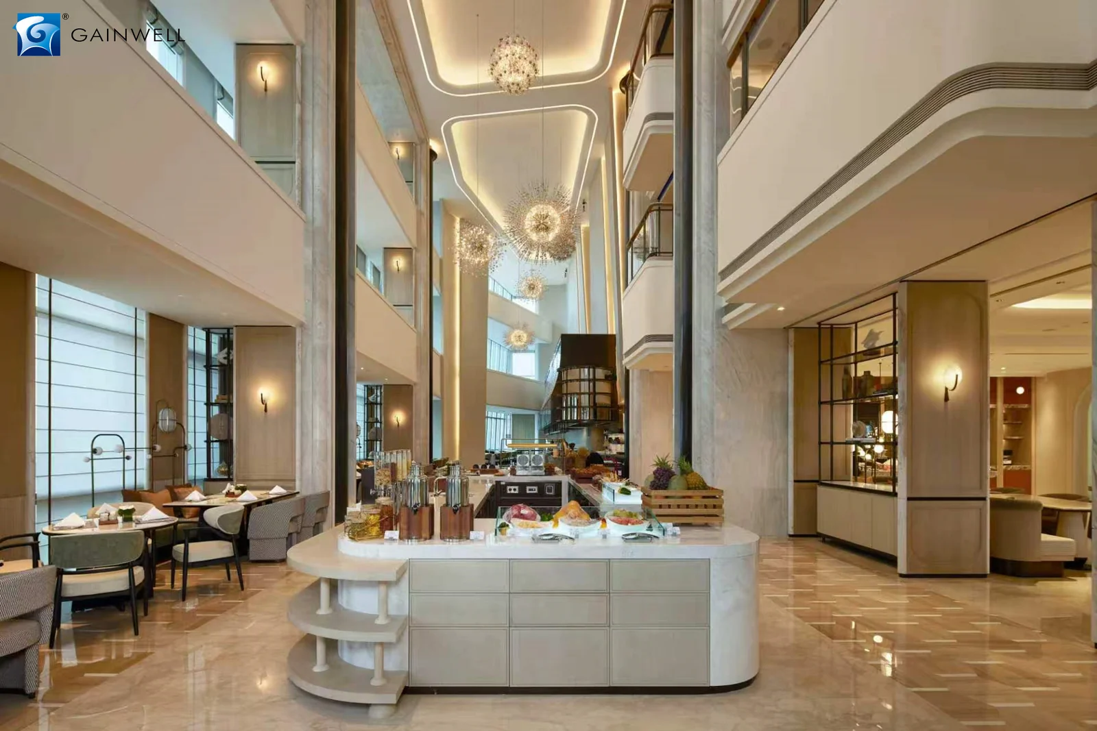 Restaurant dining room with tables, chairs and a fixed buffet counter