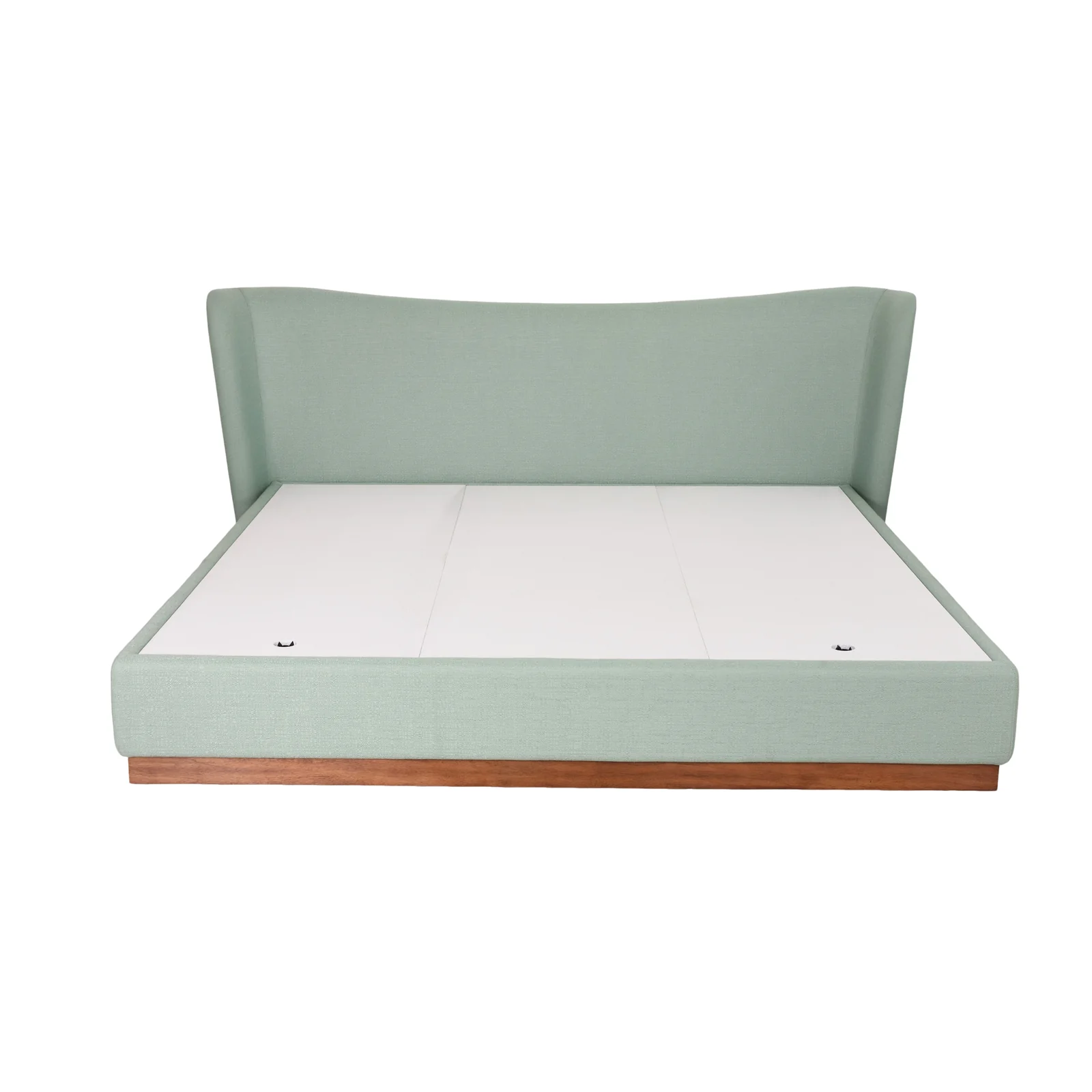 Mint upholstered wingback bed with projecting headboard sides