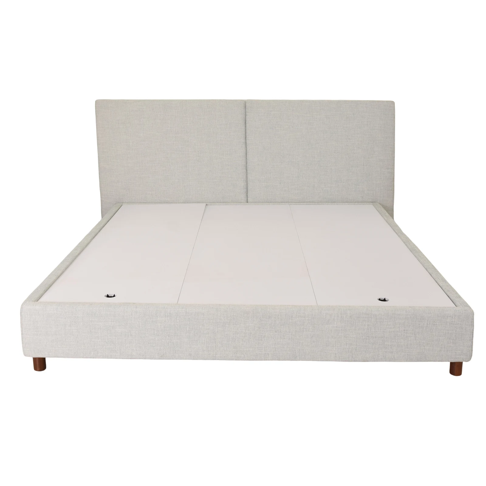 Light woven hotel bed with a two-panel headboard and central joint
