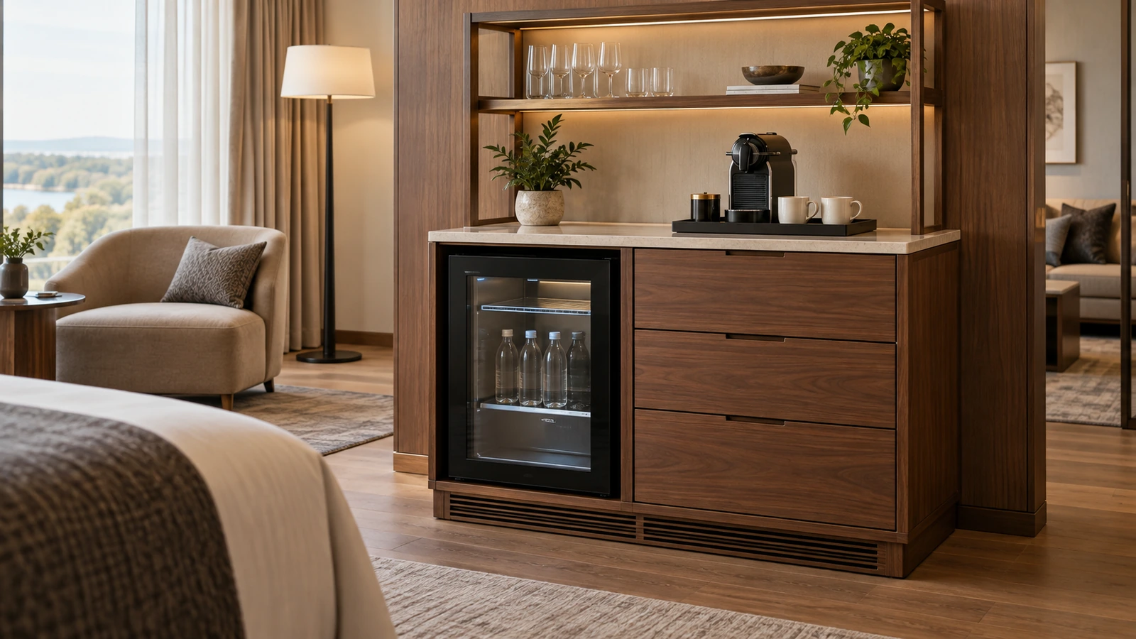Hotel minibar cabinet with a compact refrigerator and refreshment storage