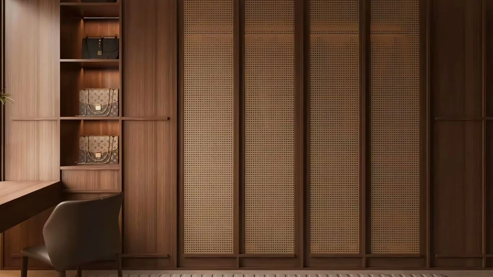 Built-in wardrobe wall with woven-panel doors and open side shelves