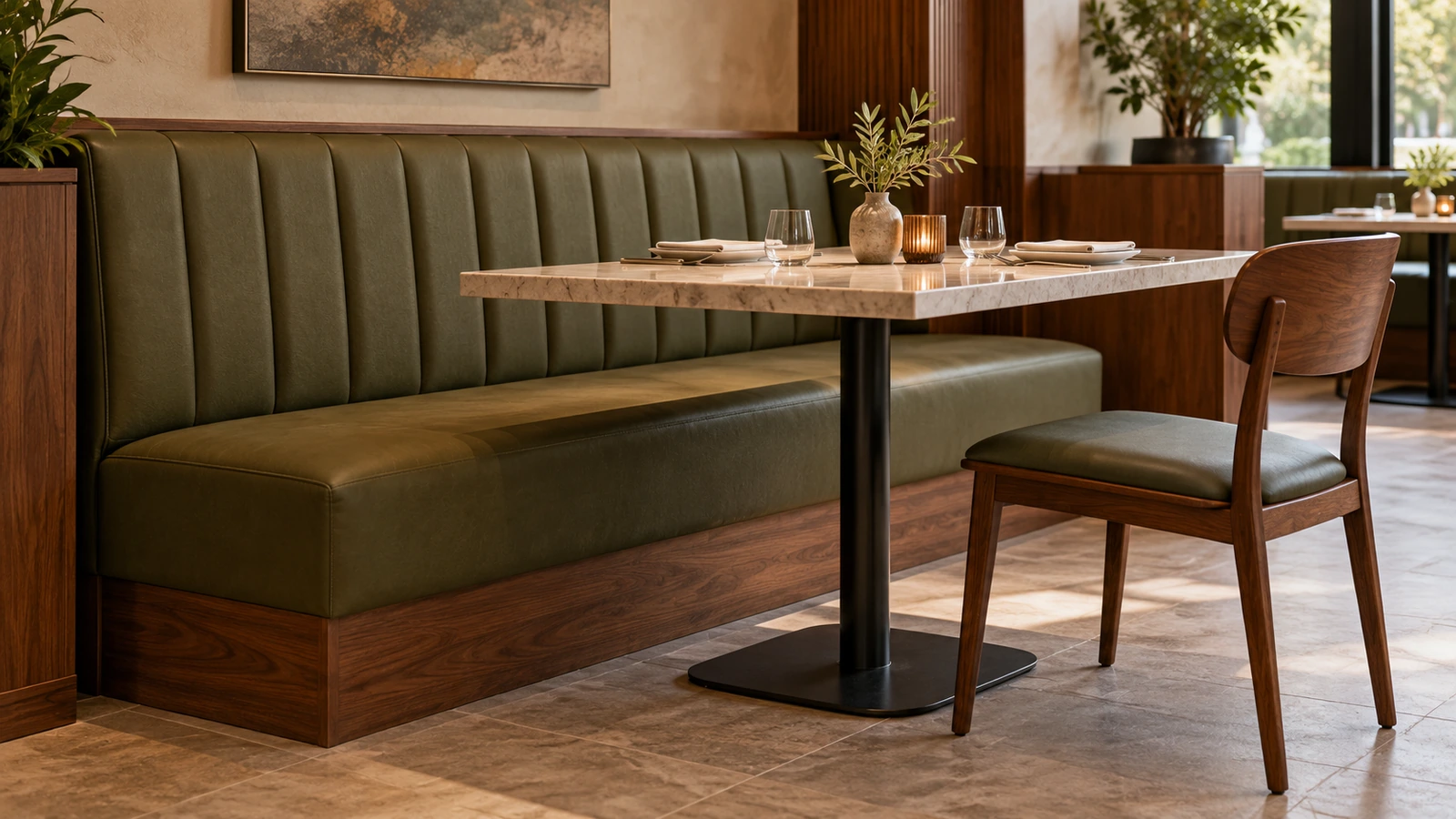 Dining banquette arranged with a stone-top table and central pedestal base.