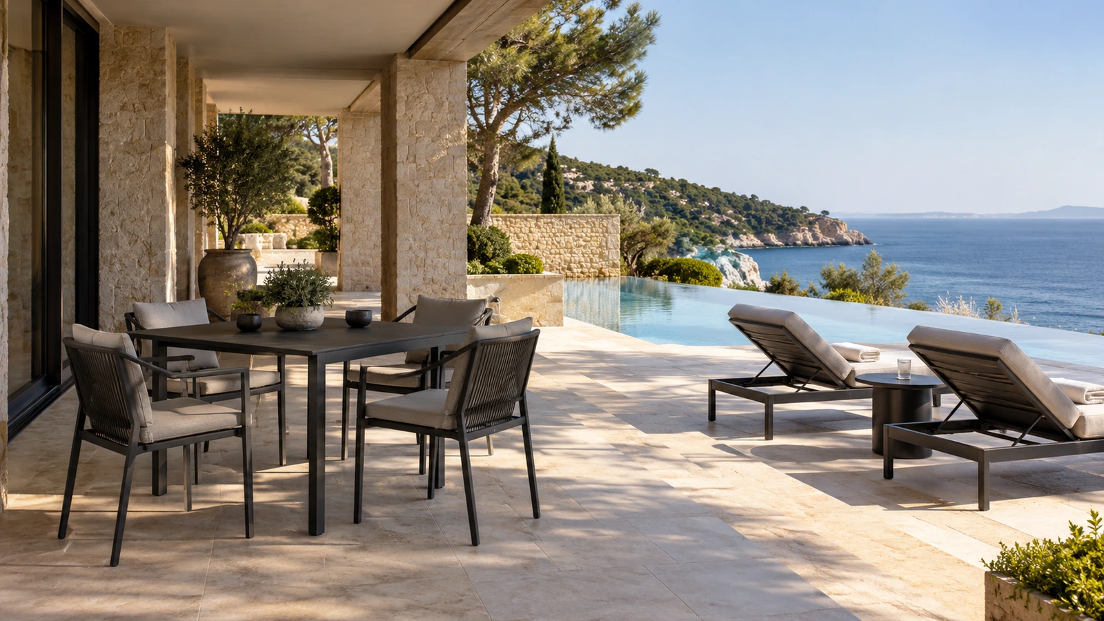 Covered outdoor dining furniture beside loungers on an open pool deck.
