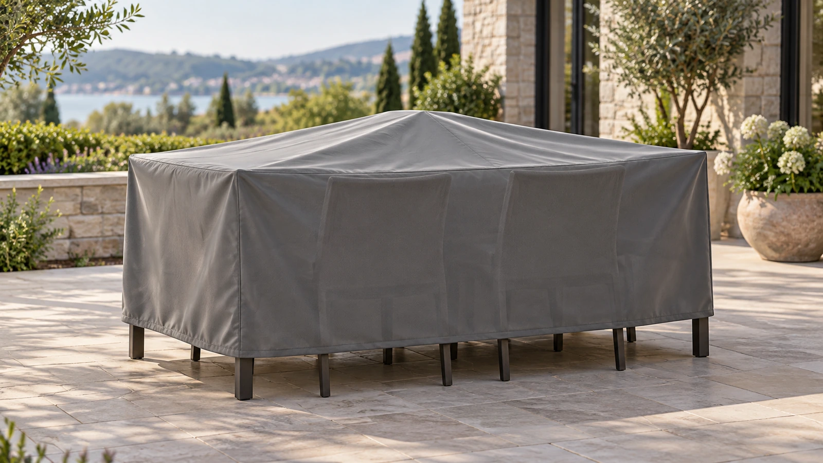 A shaped cover over an outdoor dining set, with a raised center and hem above the paving.