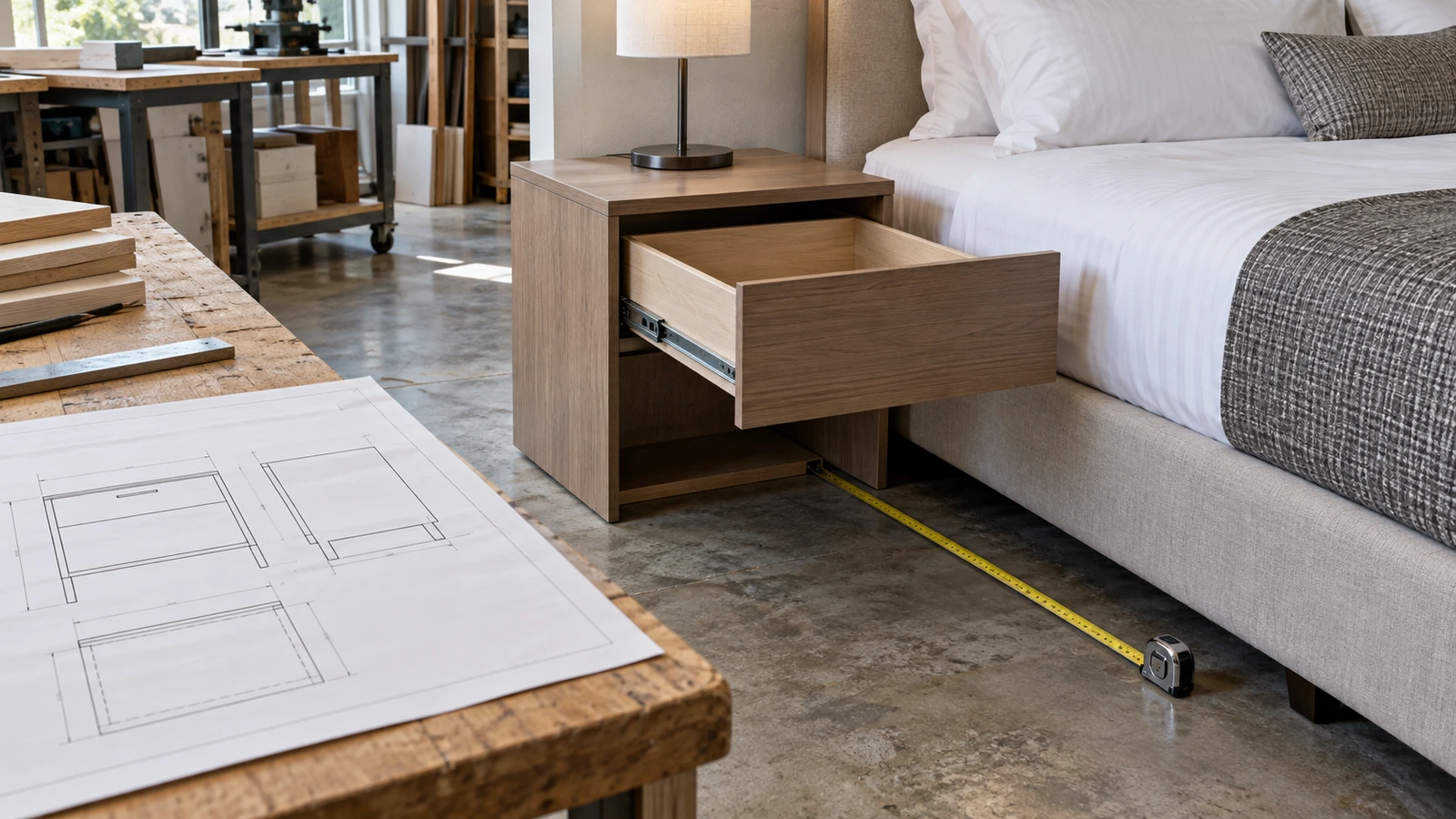 Open bedside drawer beside a bed, with a tape measure and cabinet drawings nearby.