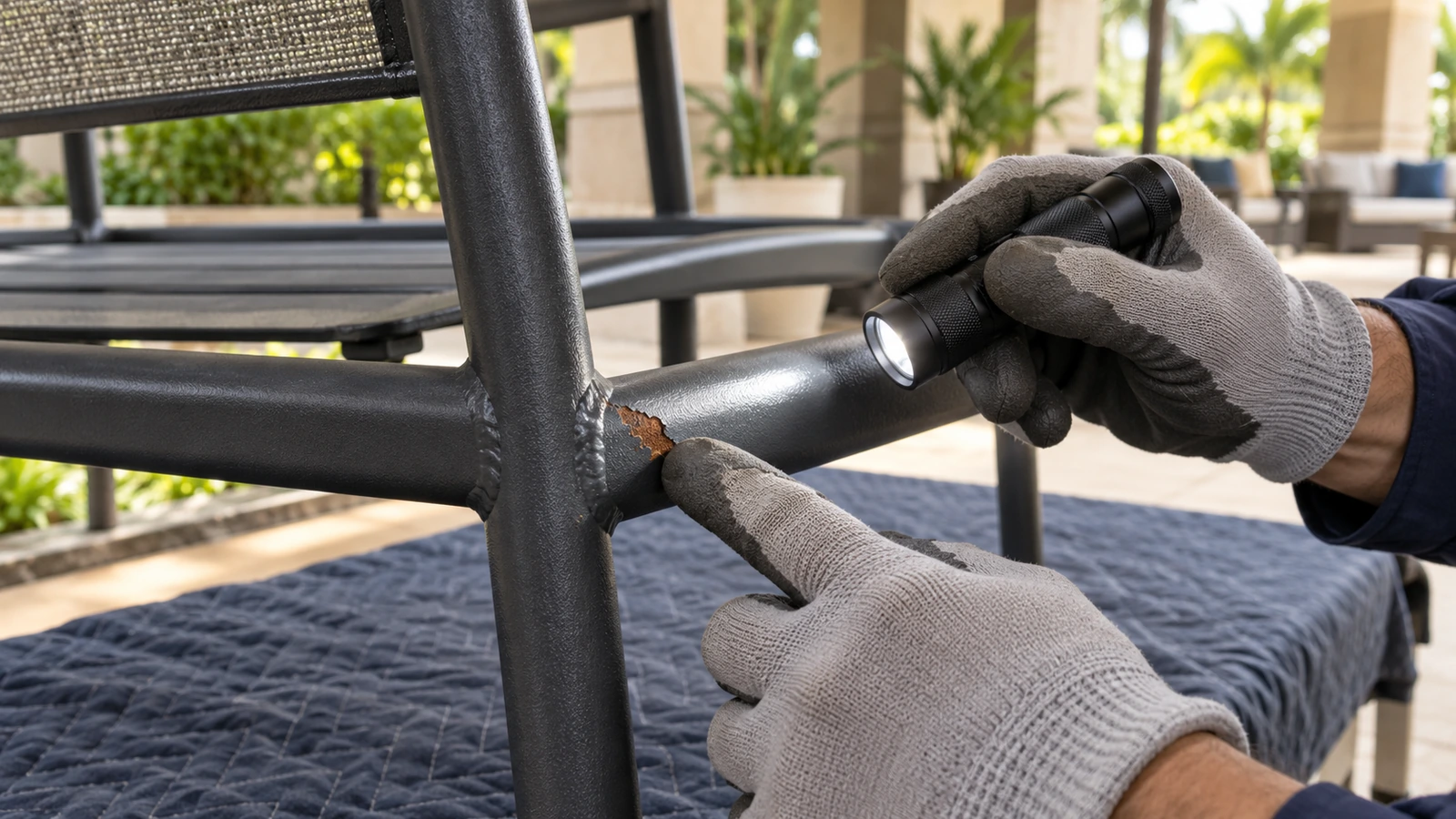 Technician inspecting a rust spot beside a welded outdoor furniture frame joint