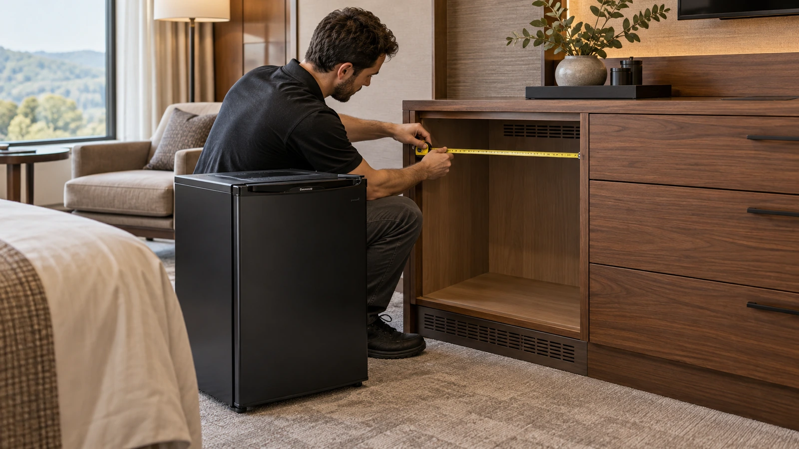Reviewing the internal cabinet opening beside a minibar refrigerator