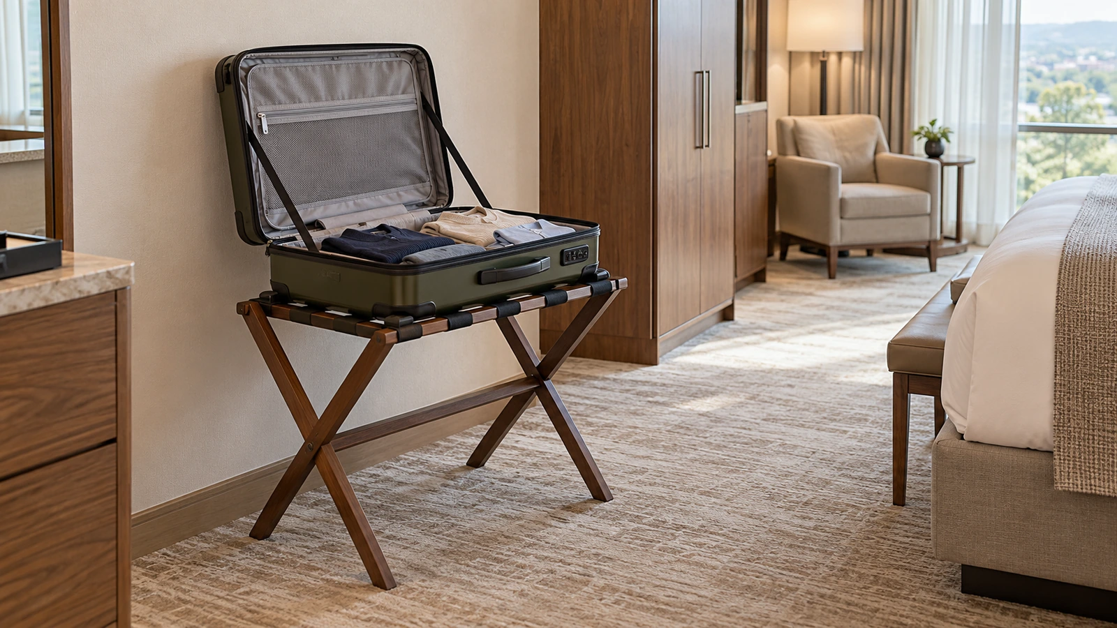 Open suitcase supported on a folding luggage rack beside the guestroom circulation route