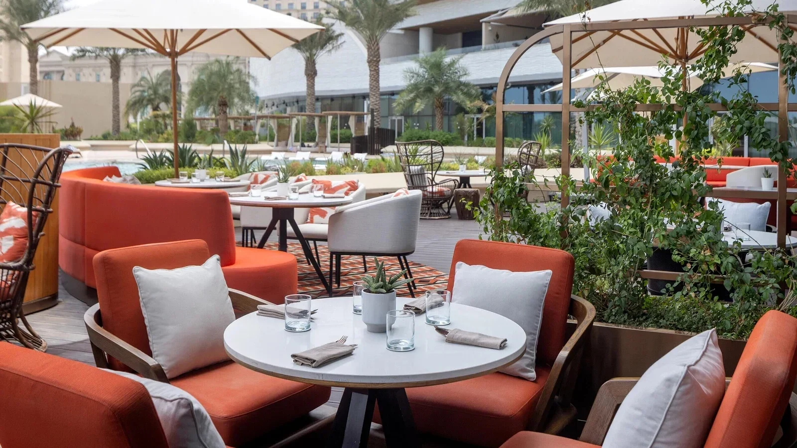 Hotel outdoor dining furniture arranged for routine cleaning