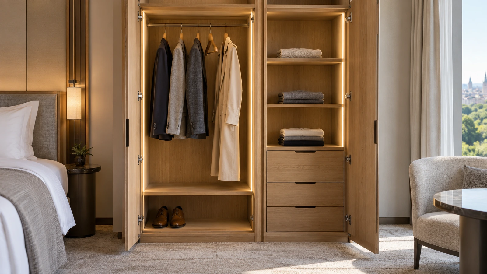 Hotel wardrobe with hanging space, shelves, drawers and shoe storage — AI-generated illustration