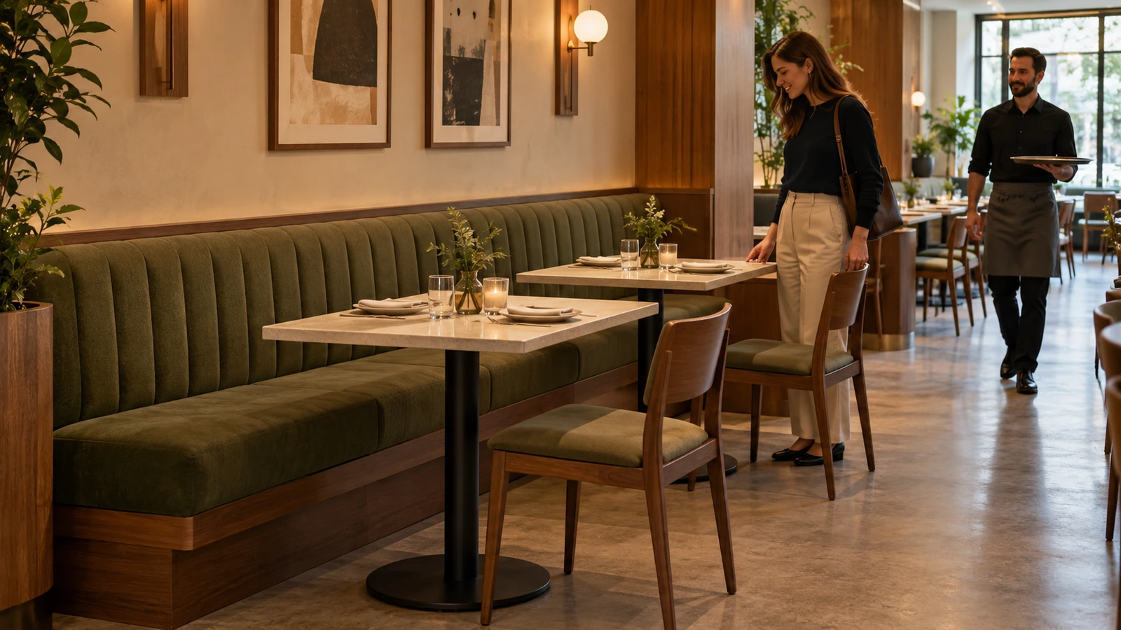 Guest approaching banquette seating beside a restaurant service aisle.