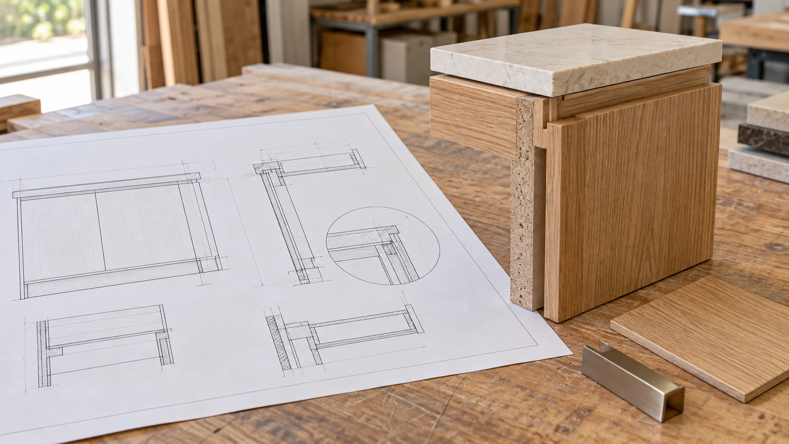 Cabinet section drawing beside a panel junction sample, countertop and finish swatches.