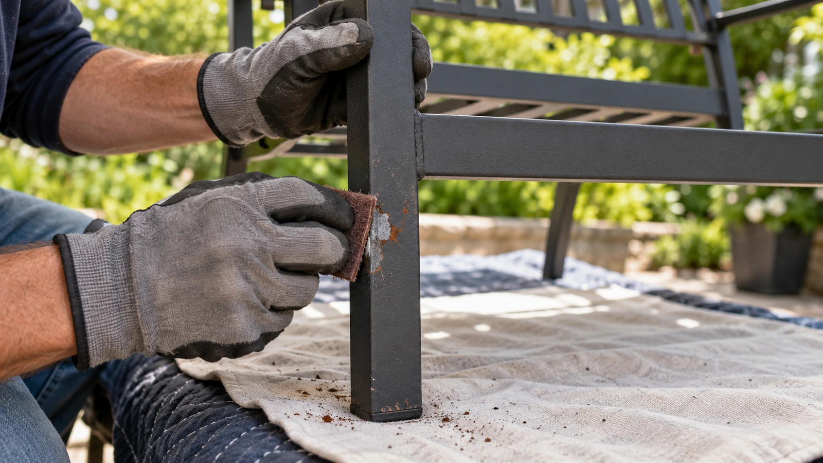 Controlled hand abrasion removing local rust from a metal outdoor chair leg
