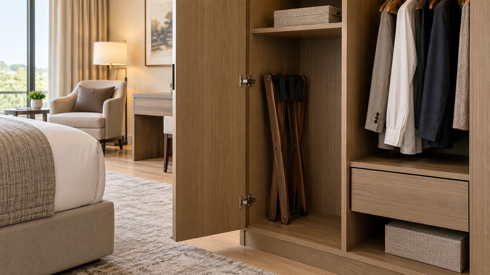 Folded wooden luggage rack stored in a dedicated wardrobe compartment