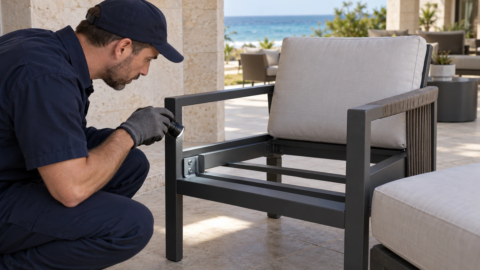 Inspection of an accessible frame connection on an outdoor lounge chair.