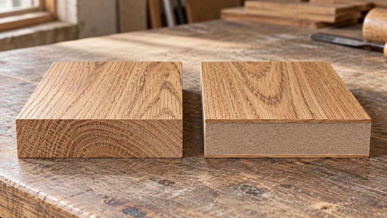 Solid timber and wood veneer over an MDF core, shown in section