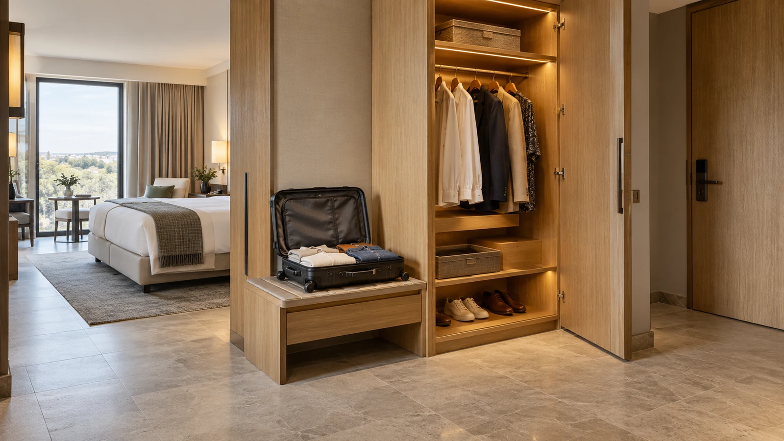 Open hotel wardrobe beside a luggage bench and guestroom circulation route — AI-generated illustration