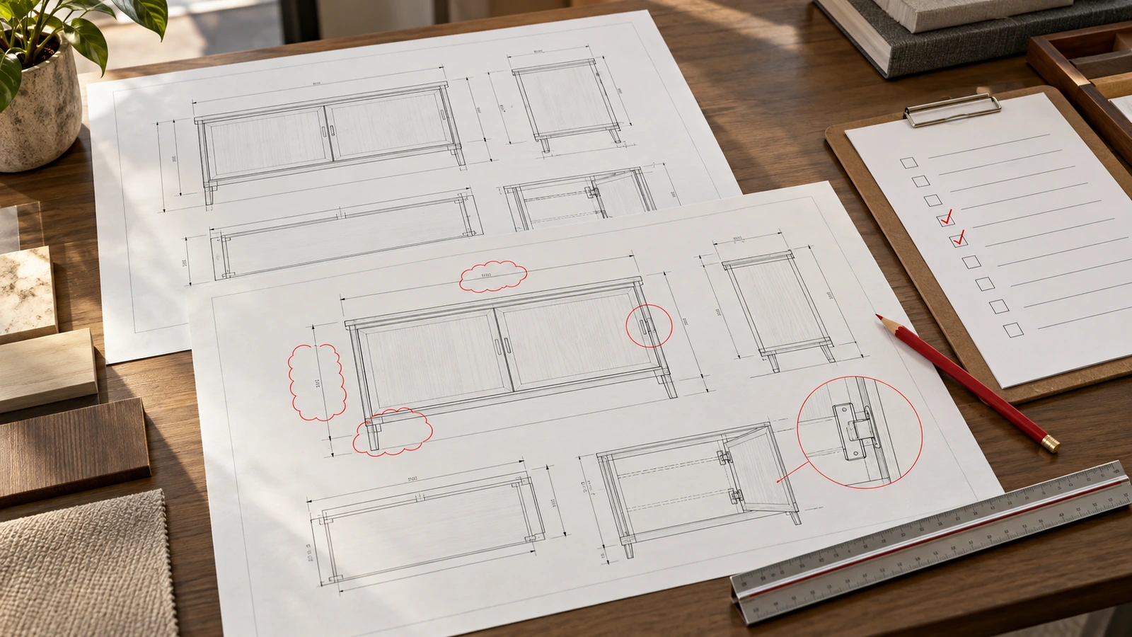 Cabinet drawings with red revision marks beside a review checklist and scale ruler.