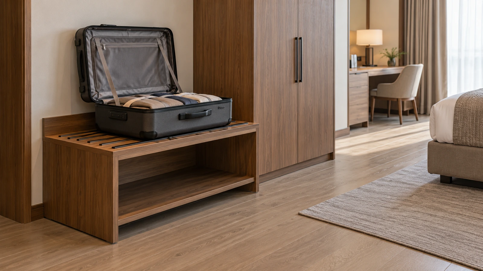 Fixed wooden luggage bench supporting an open suitcase beside a hotel wardrobe
