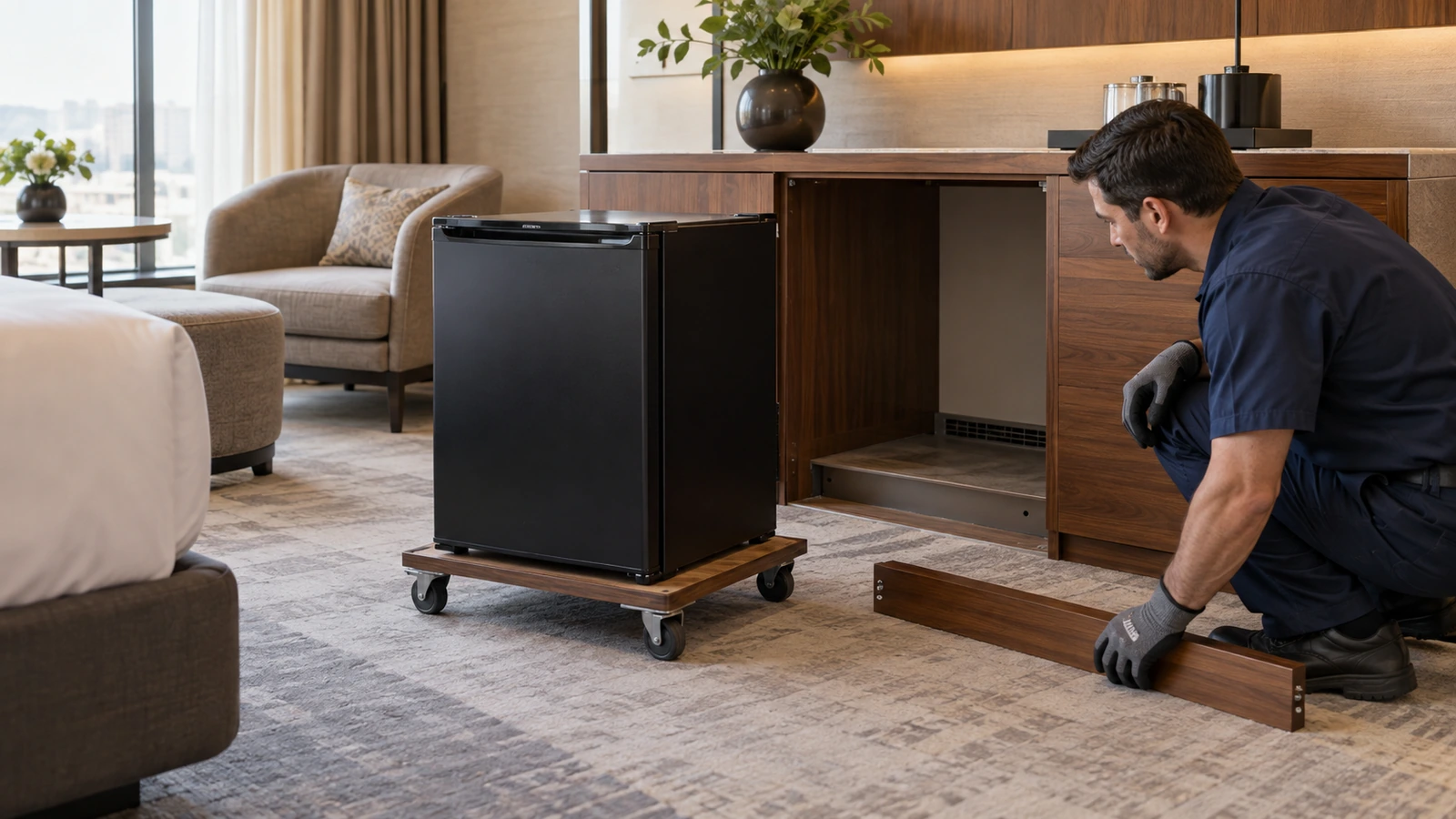 A minibar refrigerator moved out of its cabinet for service access