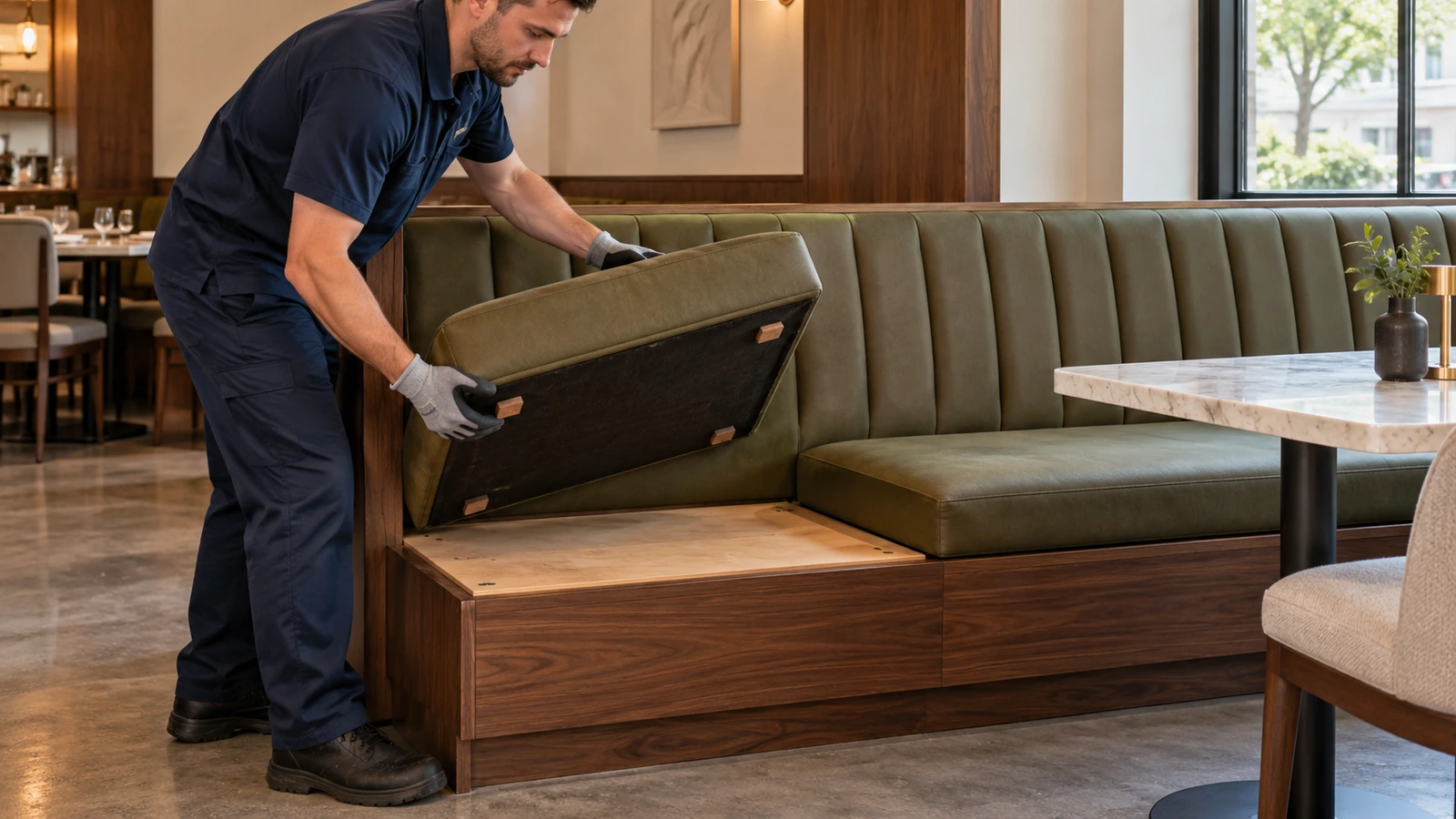 Maintenance worker lifting a removable banquette seat pad to expose the support deck.