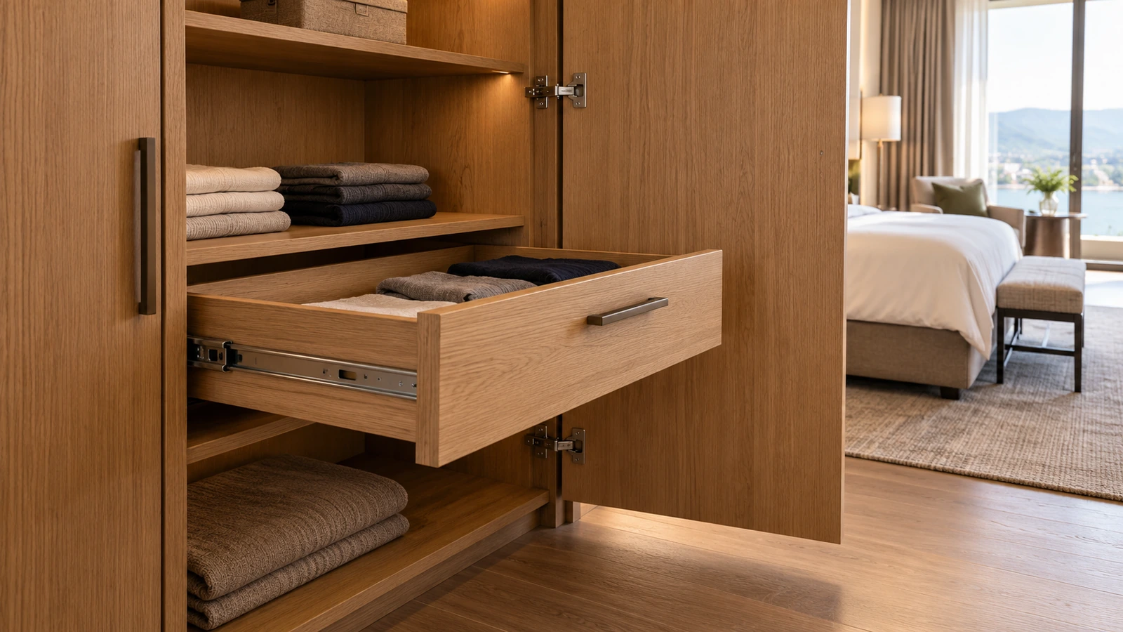 Internal wardrobe drawer extended beside an open hinged door — AI-generated illustration